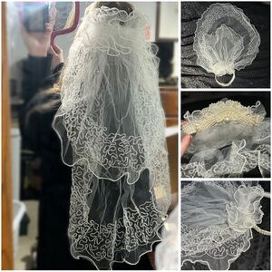 Vintage White Veil with Pearls and Embroidery